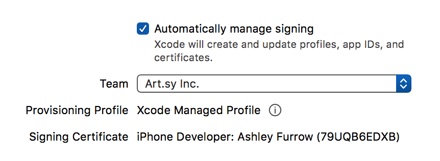 Automatic code signing settings