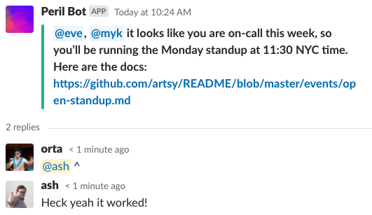 screenshot of the peril task working in Slack