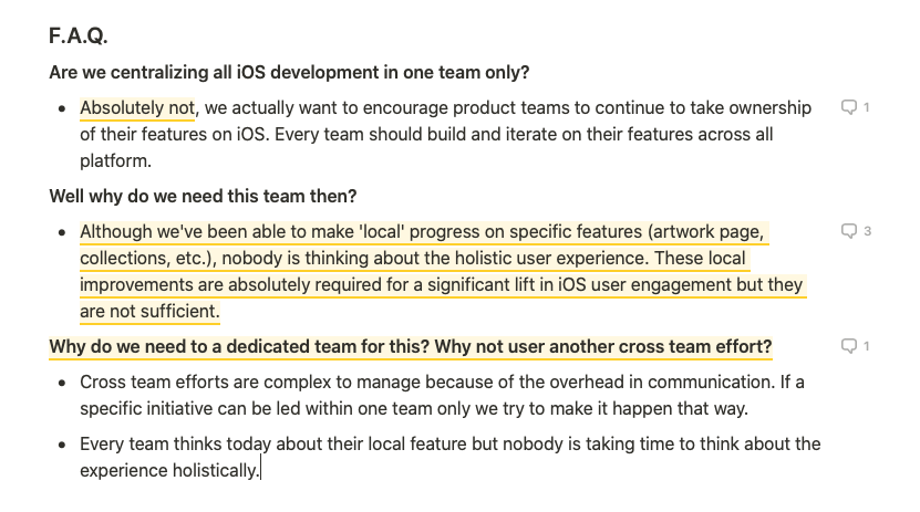 Another screenshot of the RFC for creating the Mobile Experience team, describing frequently asked questions