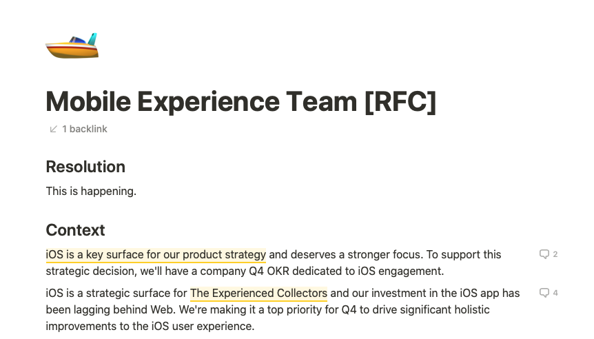 Screenshot of the RFC for creating the Mobile Experience team