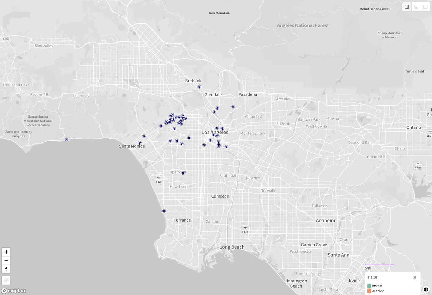 Screenshot of a visualization in Placemark showing Los Angeles area exhibitions within a 50km radius.